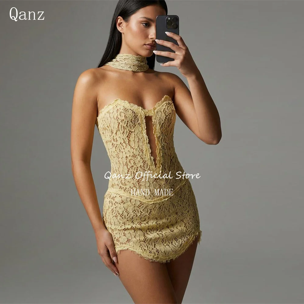 

Qanz Yellow Lace Appliques Prom Dress Mini A Line Strapless Vestidos De Fiesta Sleeveless Short Birthday Gown Customized