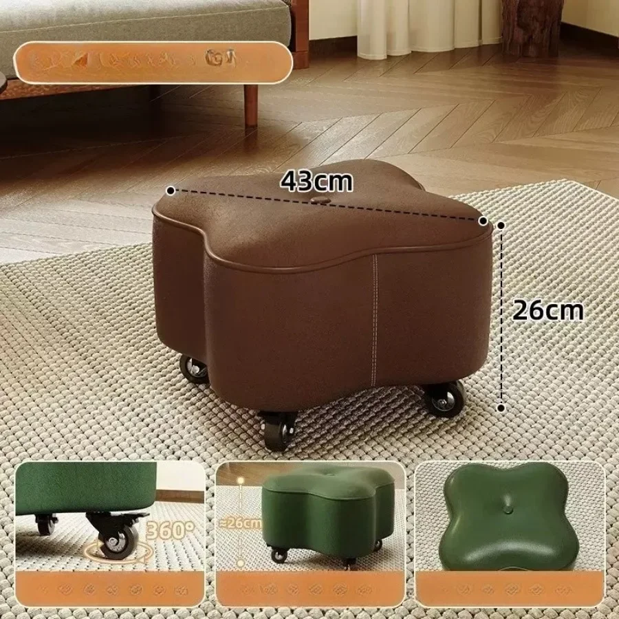 Flower-Shaped PU Leather Stool with Wheels Rolling Low Footrest for Living Room Entryway Home Multipurpose Use Entryway Stool