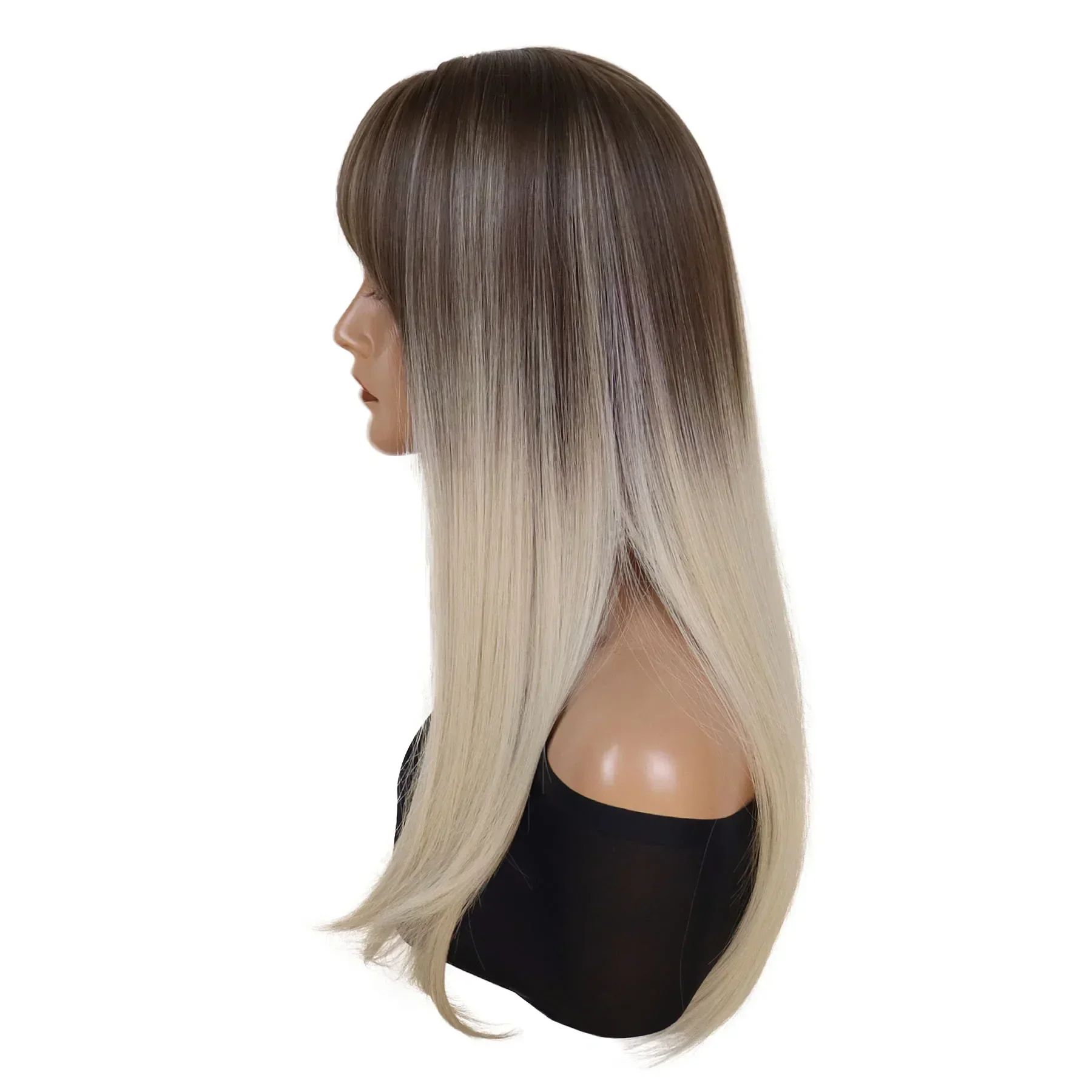 Synthetische Lange Haar Pruiken Voor Vrouwen Rechte Bruine Ombre Blonde Pruik Met Pony Natuurlijke Kapsel Vol Pruik Blonde Lange Pruiken Kostuum