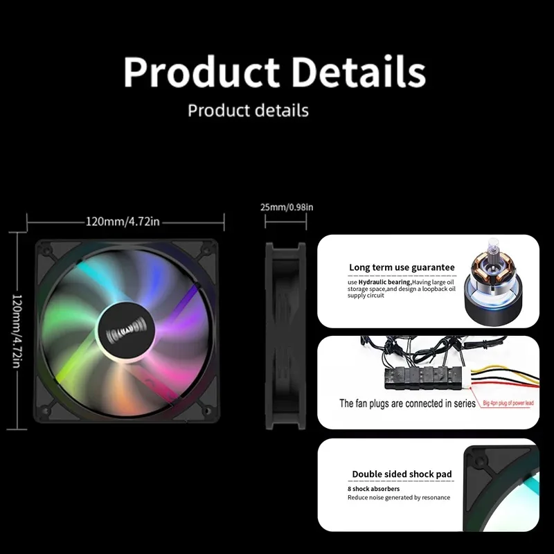 TEUCER PC case fan 120mm 12V RGB color light effect desktop computer radiator fan Big 4in