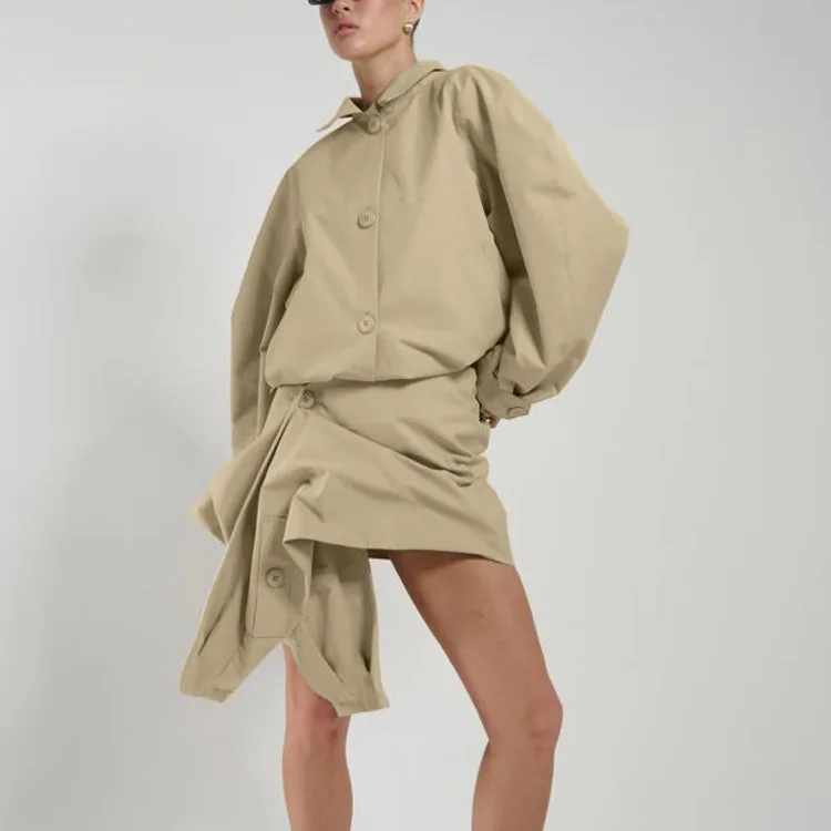 

Street Irregular Hem Skirt Set Women's Lapel Long-sleeved Shirt Two-piece Set