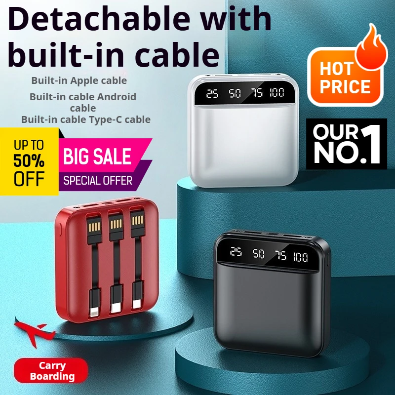 10000mAh טעינה מהירה במיוחד מסך תצוגת סוללה עם כבל מובנה סוללה חיצונית מיני בנק כוח נייד לאייפון שיאומי