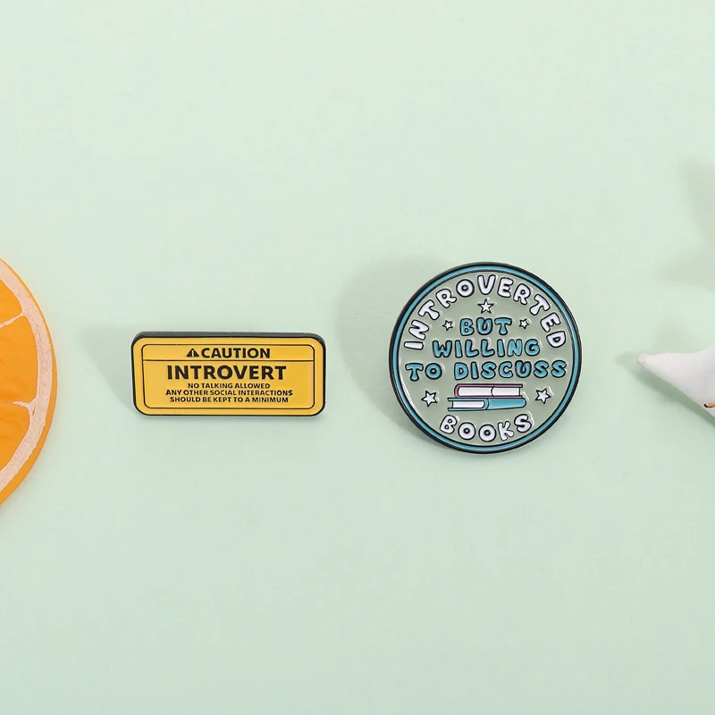 Caution Introvert Sign Enamel Pins Introverted But Willing To Discuss Books Brooches Lapel Badge Jewelry Gift for Friends