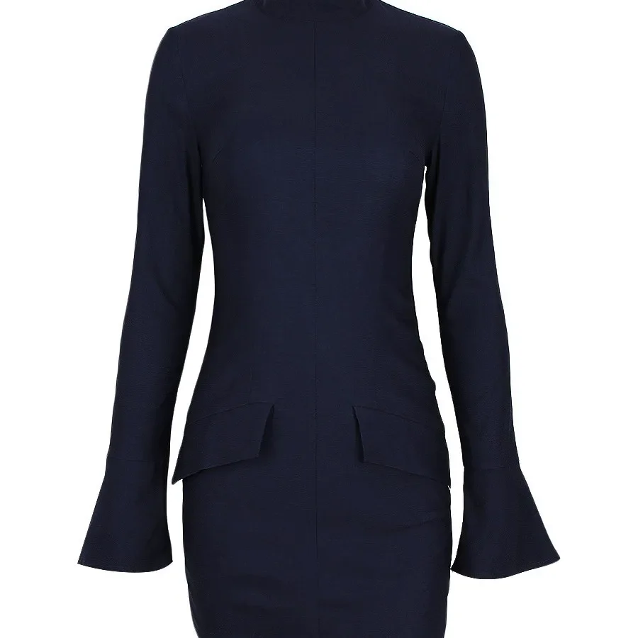 

High Quality Solid Color Trumpet Sleeves O-Neck with Pockets Mini Dress 2025 Autumn Winter for Women Sexy Elegant Party Club