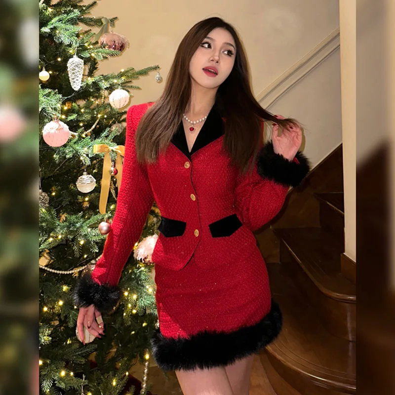 Autumn Warm Women's Two Pieces Set Korean Fashion French Vintage Design Red Blazer and Skirt Set Ccasual Events Female Clothing