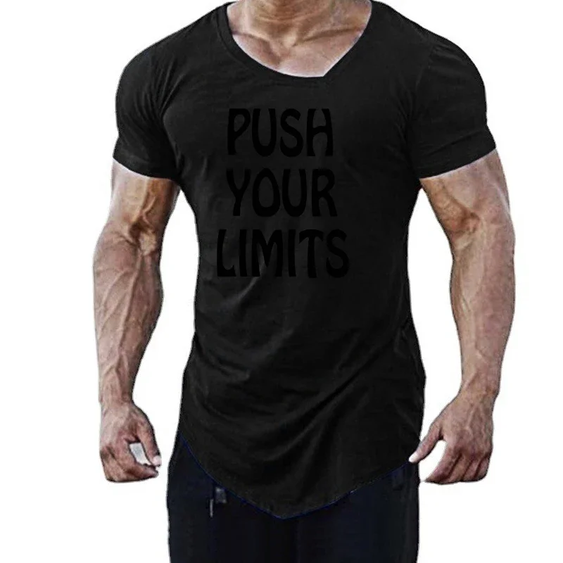 Push Your Limits Gym Tee Shirts Summer Oblique V-Neck Slim Fit Short Sleeve T-Shirts Mens Cotton Irregular Hem Fitness Clothing