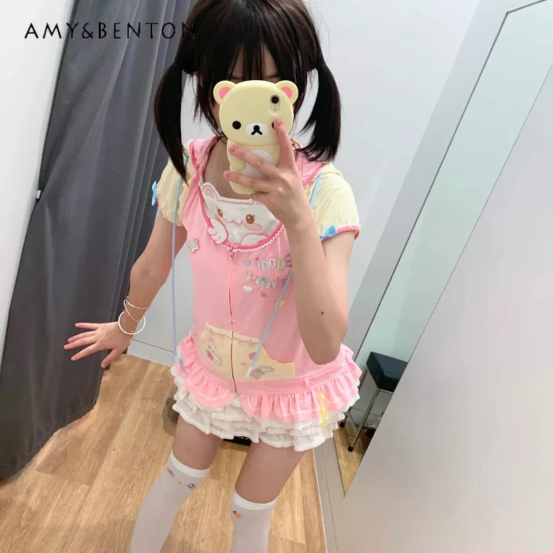 

25COSOriginal Kawaii Cartoon Embroidery Short Sleeve Jackets for Women Sweet Girl Bow Splicing Color Hooded Zipper Jacket Summer