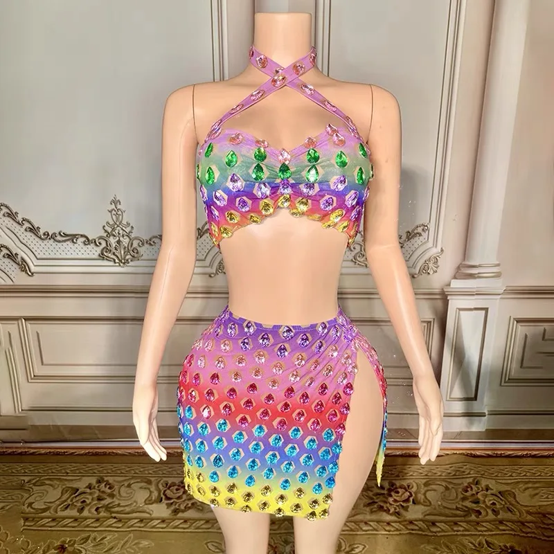 Women Colorful Sexy Backless Crystals 2 Pcs Bikini Skirts Set Summer Beach Celebrate Las Vegas Show Costume