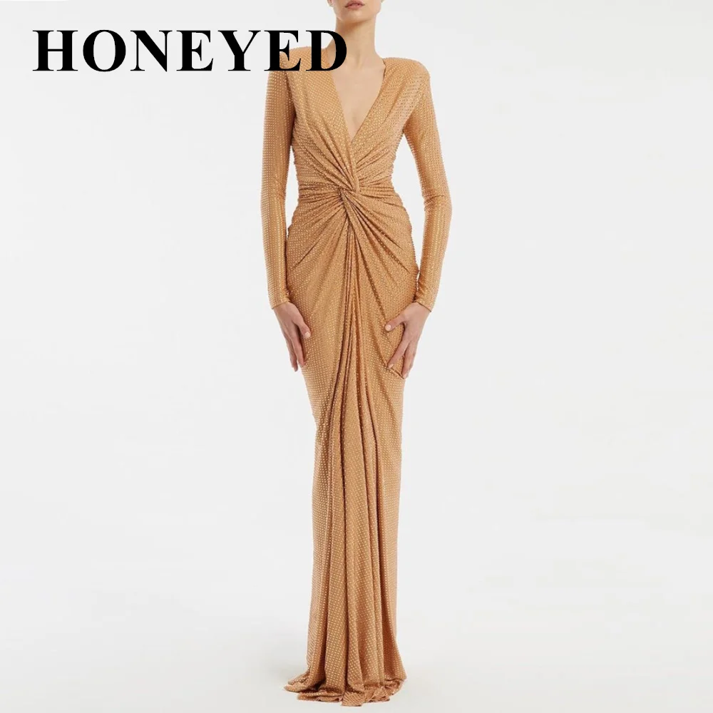 HONEYED 2024 Beads Long V-Neck Evening Formal Dresses With Long Sleeves فساتين سهرة Sheath Orange Floor-Length Prom for Women