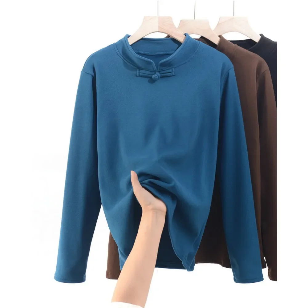 XL to 8XL Plus size Mockneck Bowknot Fleece T-shirt Women Autumn Winter warm bottoming Tshirts thick Tee Tops long sleeves