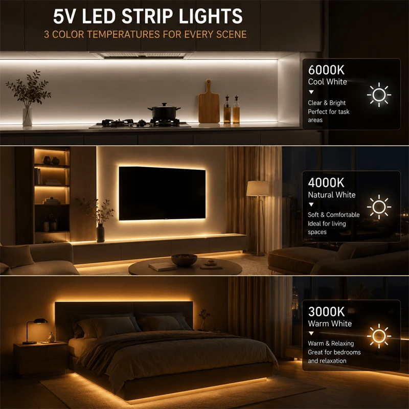 5V USB COB LED Light Strip High Density Linear Tape Flexible Touch Dimmer Self Adhesive DIY Lighting For Cabinet Mirror Bedroom