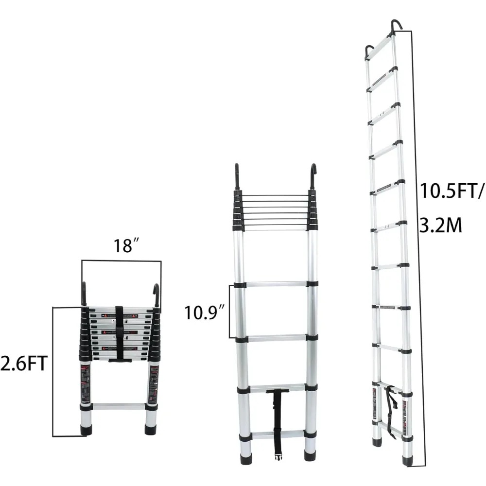 سلم تمديد تلسكوبي 10.5 قدم، سلالم ألومنيوم تلسكوبية قابلة للطي مع خطافات، خطوة سلم خفيفة الوزن قابلة للطي للمركبات الترفيهية #4