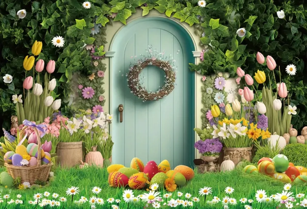 Spring Easter Background Green Wreath Rabbit Easter Egg Flower Grass Children\'s Party Decoration Photo Photography Background