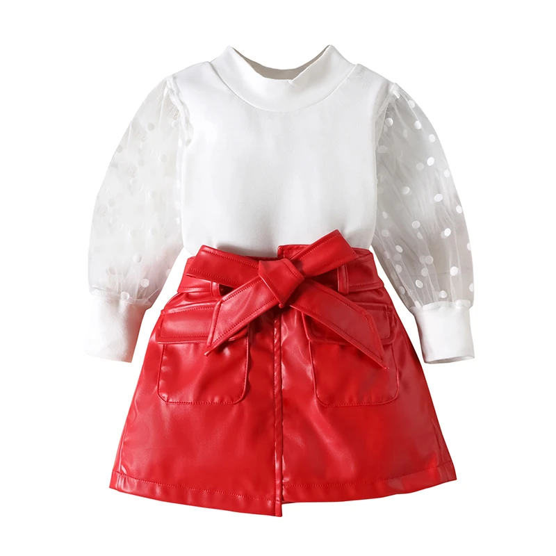 Fashion Kids Girls Princess 2pcs Clothes Set Autumn Winter Children Mesh Long Sleeve Tops and PU Leather Skirt Outfits Suit 2-7Y