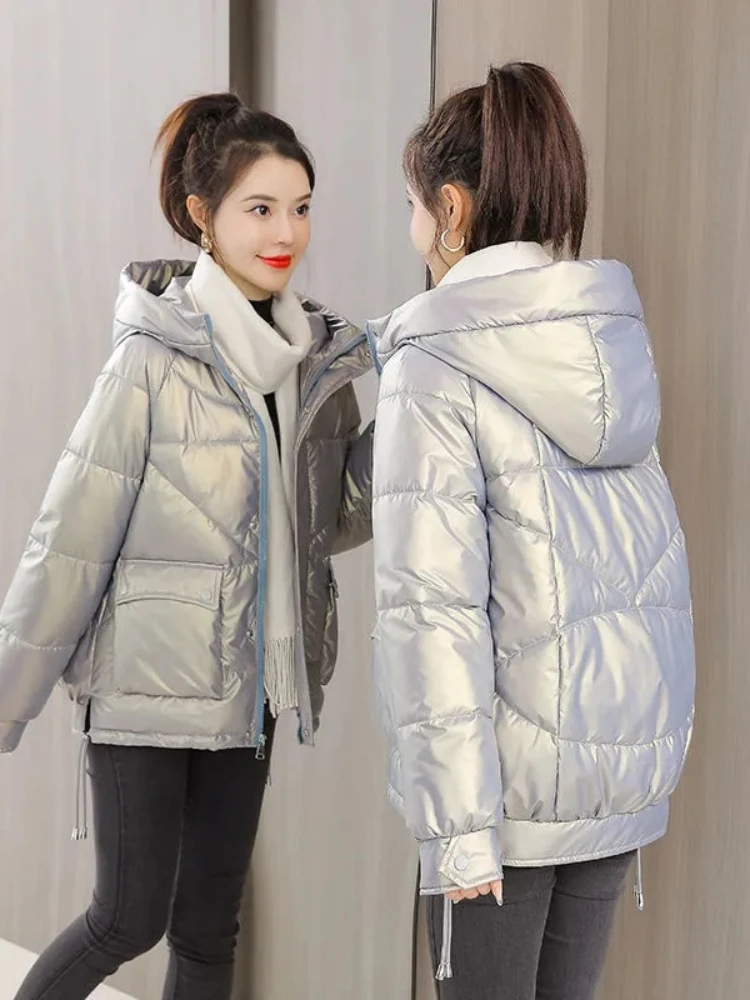 Parka à capuche rembourrée en coton brillant pour femmes, veste d\'hiver, vêtements d\'extérieur décontractés pour femmes, chaud, nouveau, 2025