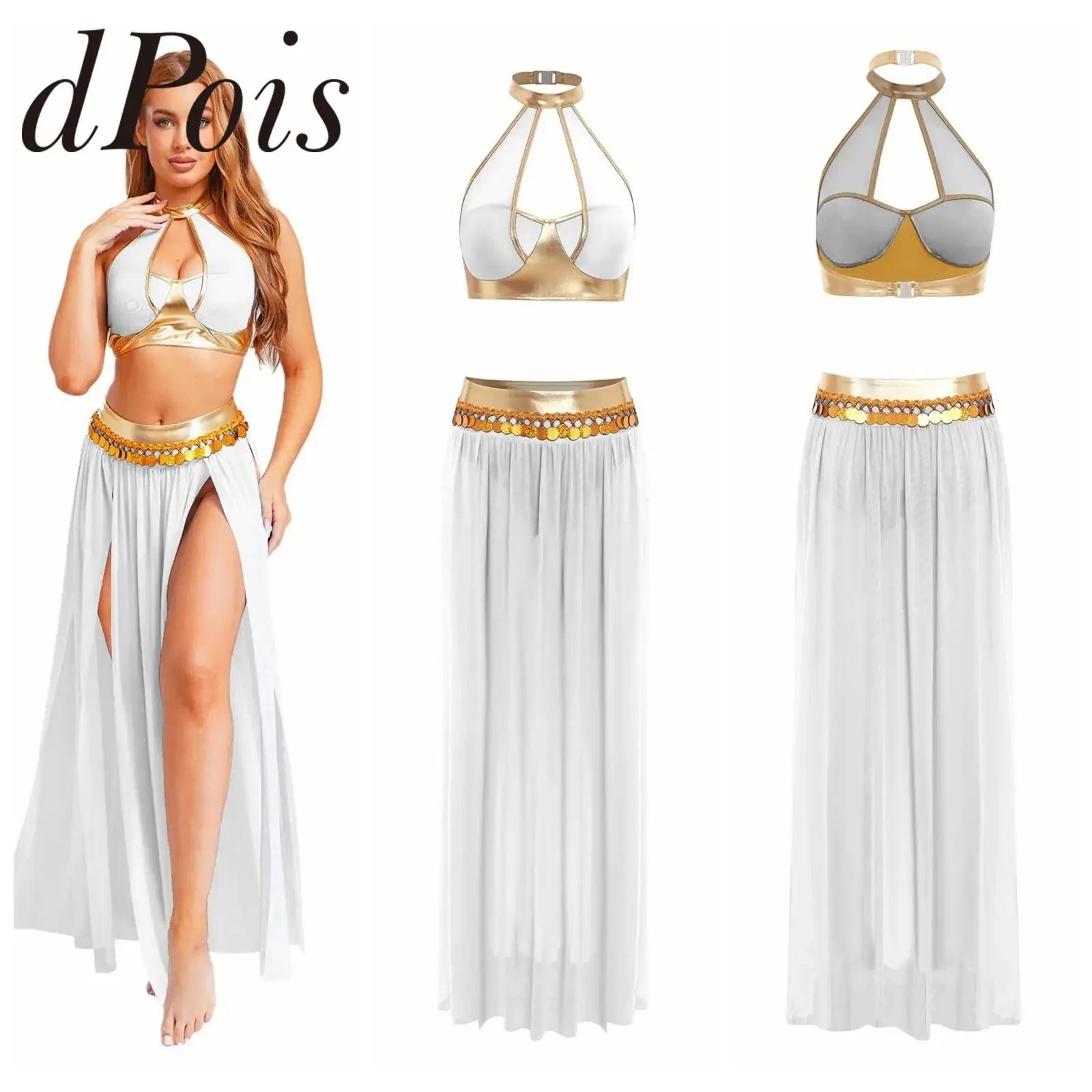

Womens Girls Indian Dancewar Belly Dance Costumes Halter Backless Crop Top with Sequin Tassel Skirts Oriental Dancing Outfits
