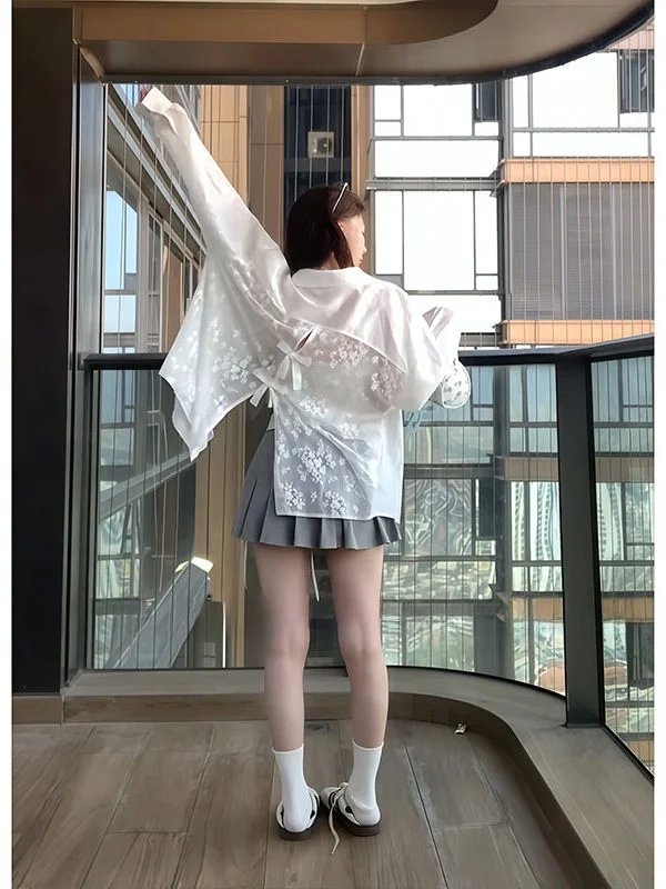 

White Lace Knot Ba Silk Ice Lightweight Summer irt Women's Loose Fit Long Sve Button up Pure Color Top