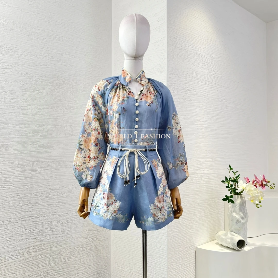 

2025 New Collection Women's Violet Purple Position Print Long Sleeve Blouse Tops Shorts Set for Holiday