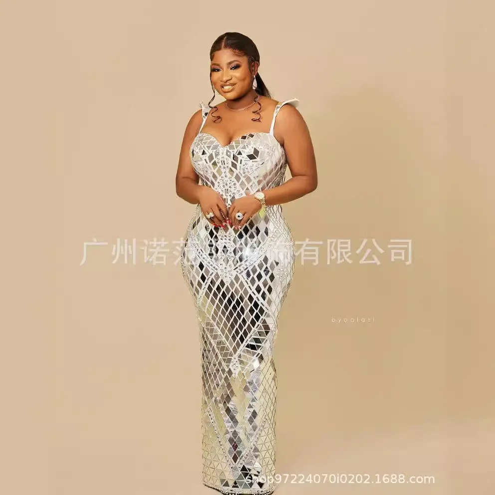 Designer verão espelho lantejoulas strass decalque sem mangas longo chão bola vestido de noite para mulheres chique e doce vestido de noite