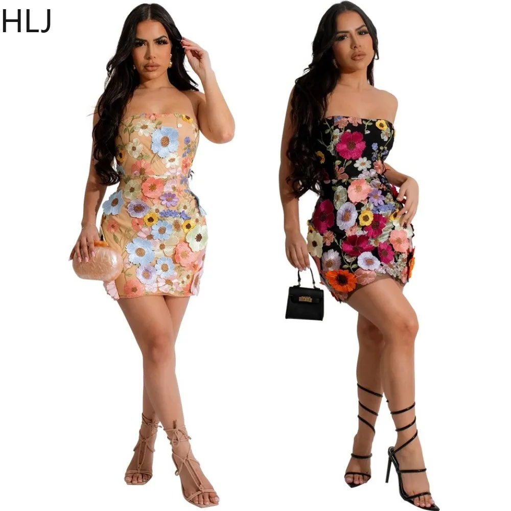 

HLJ Spring Flower Embroidery Mesh Party Club Tube Dress Women Off Shoulder Sleeveless Backless Slim Mini Dress Fashion Vestidos