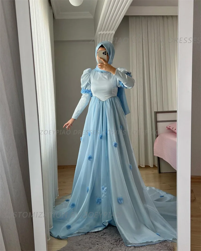 Hellrosa 3d Blumen Ballkleid Seide Satin eine Linie muslimischen Abendkleid Kleider o Hals Langarm فستان سpflegen رة formelle Party kleid