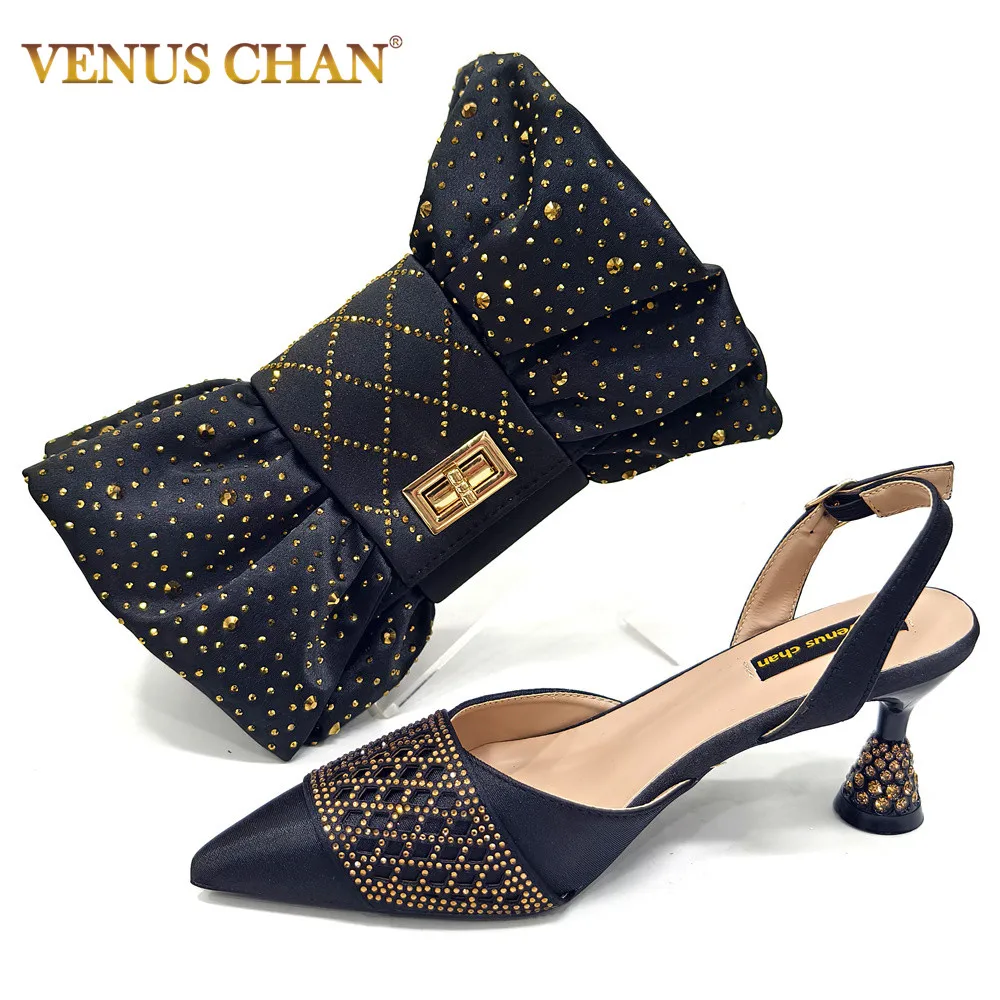 Venus Chan Shiny Black Color Shoes and Bag Elegant Handbags and Medium Heel Shoes Beautiful Handmade Rhinesto for Wedding Party