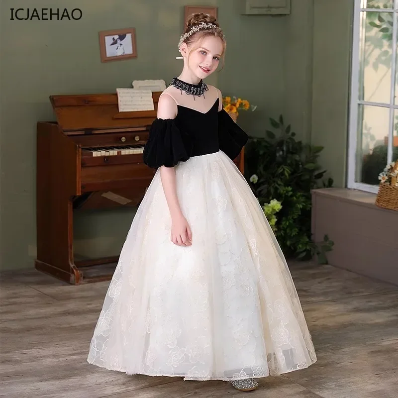 2025 Children's Princess Party Dress Clothing Hepburn Style Kids Costume Lace Host Girl's Off-Shoulder Clothes Dresses Vestidos