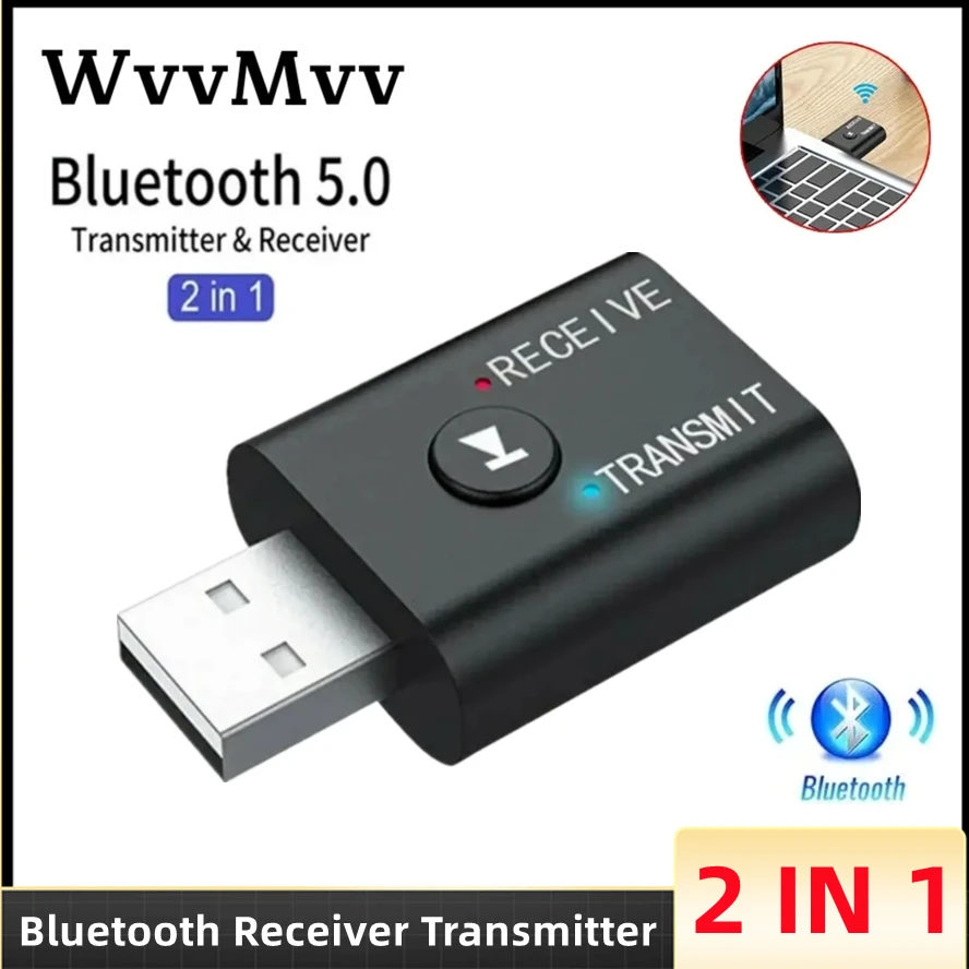 2 w 1 USB Bluetooth 5.0 Odbiornik audio Nadajnik 3,5 mm AUX Stereo Muzyka Bezprzewodowy adapter z mikrofonem do zestawu samochodowego Głośnik TV PC