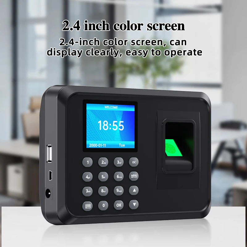 جهاز حضور وانصراف ببصمة الإصبع مقاس 2.4 بوصة يدعم 15 لغة 100000 ساعة في السجلات ووقت حضور الموظف وإدارة بيانات USB