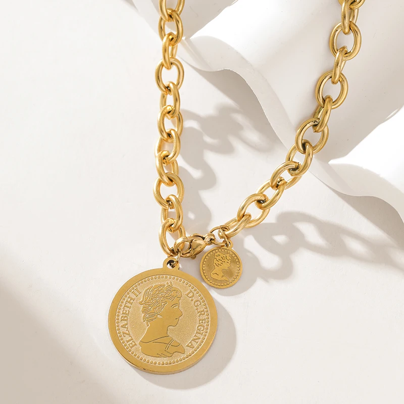 GANEMLY 316L Stainless Steel Coin Portrait Pendant Necklace For Women New 18K Gold Plated Neck Chain Waterproof Jewelry Gift