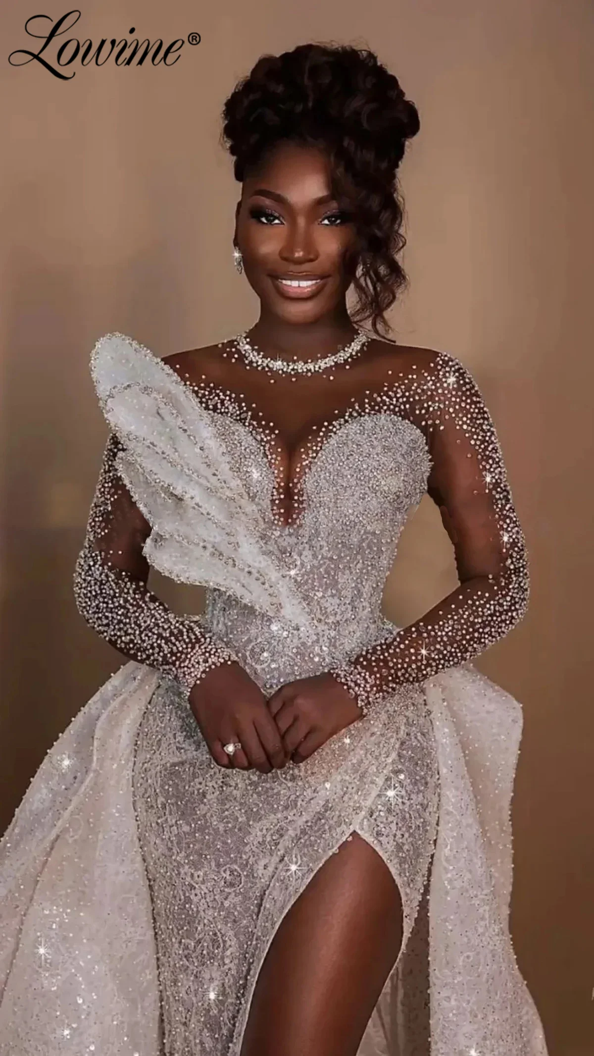 African Wedding Dresses Long Sleeves Sheer Net Mermaid Bridal Gowns 2024 Custom Made Plus Size Bride Dress With Detachable Train