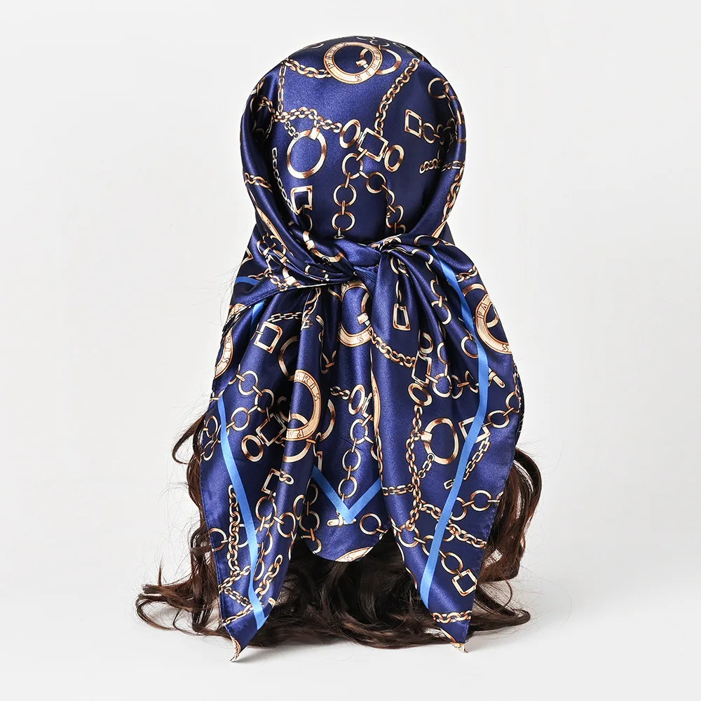 90cm Satin Square Scarf Women Muslim Hijab Elegant Print Silk Neckerchief Shawl Wraps Headband Handle Hair Accessories Bandana view 4