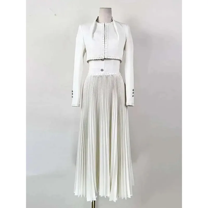 

HUISONG модный комплект из 2 предметов для женщин, однотонное пальто с длинными рукавами, однобортное плиссированное платье с высокой талией, осень 2025 z1jkxw