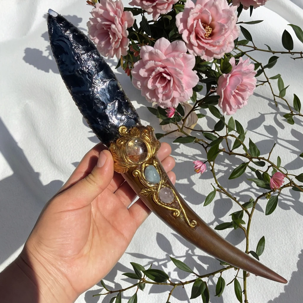 

Ручной работы из натурального черного обсидиана, кристаллический нож, волшебная палочка с настоящим рогом буйвола, украшение для дома