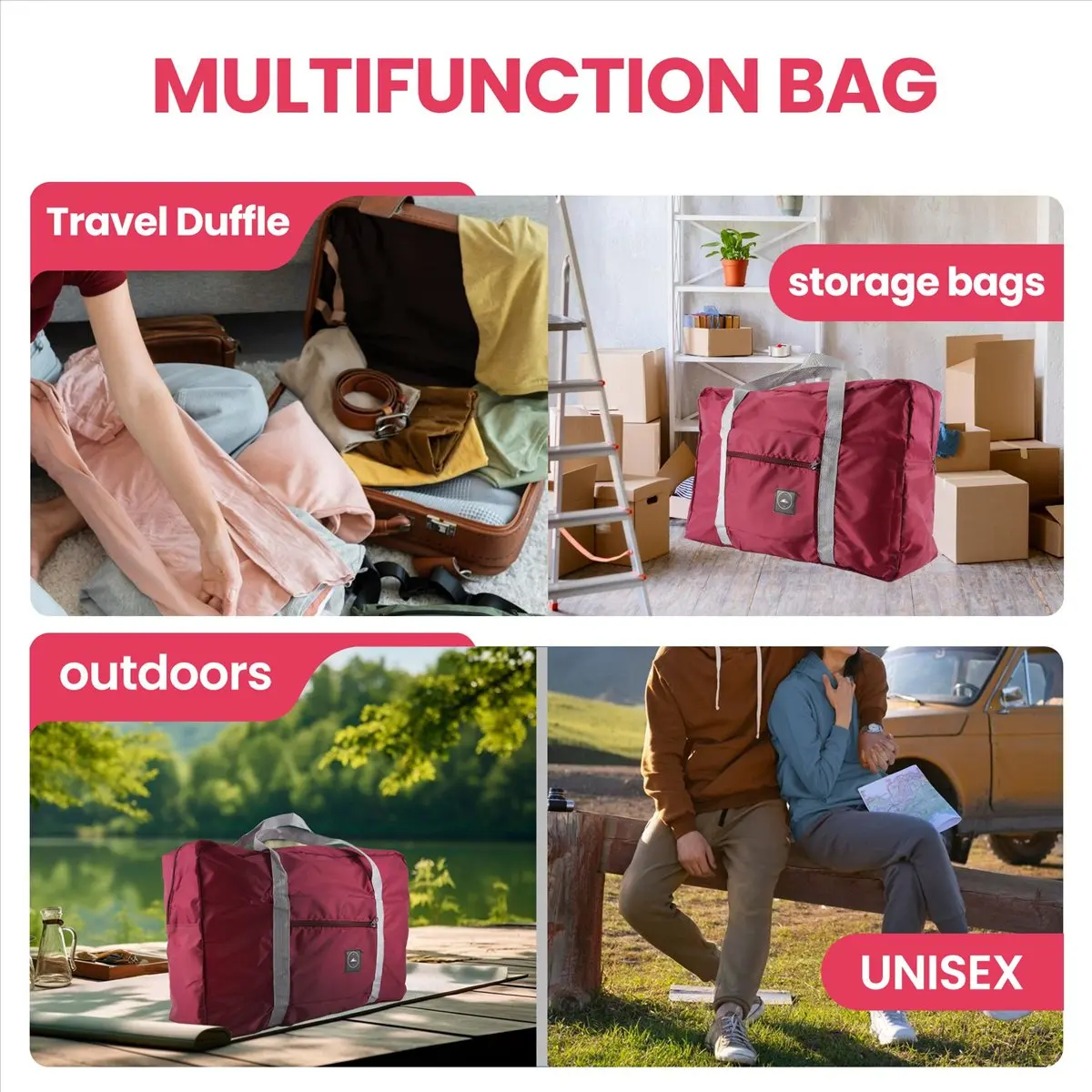ABQR متعددة الوظائف سعة كبيرة عادية قابلة للطي مقاوم للماء تخزين الأمتعة أكياس حقيبة يد منظم حمل حقيبة بورجوندي #5