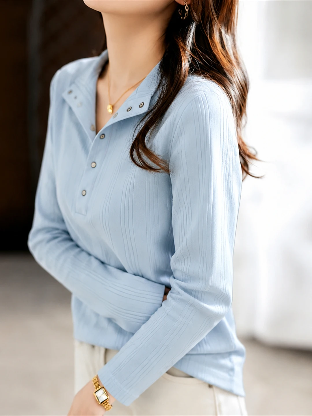 Slimming Comfortable Long Sleeve Half Open Neck Top Women's Fashionable T-Shirt Korean Style Straight Cut Silk Material