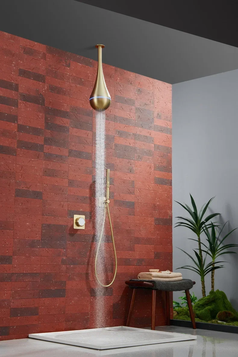 Brushed gold concealed water drop hanging spray hidden into the wall shower All copper hotel engineering shower