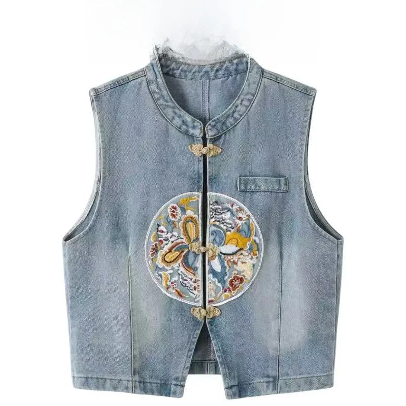

New Chinese Style Embroidered Button Backless Vest Women's Spring Summer Denim Jacket Personality Match Small Size Top