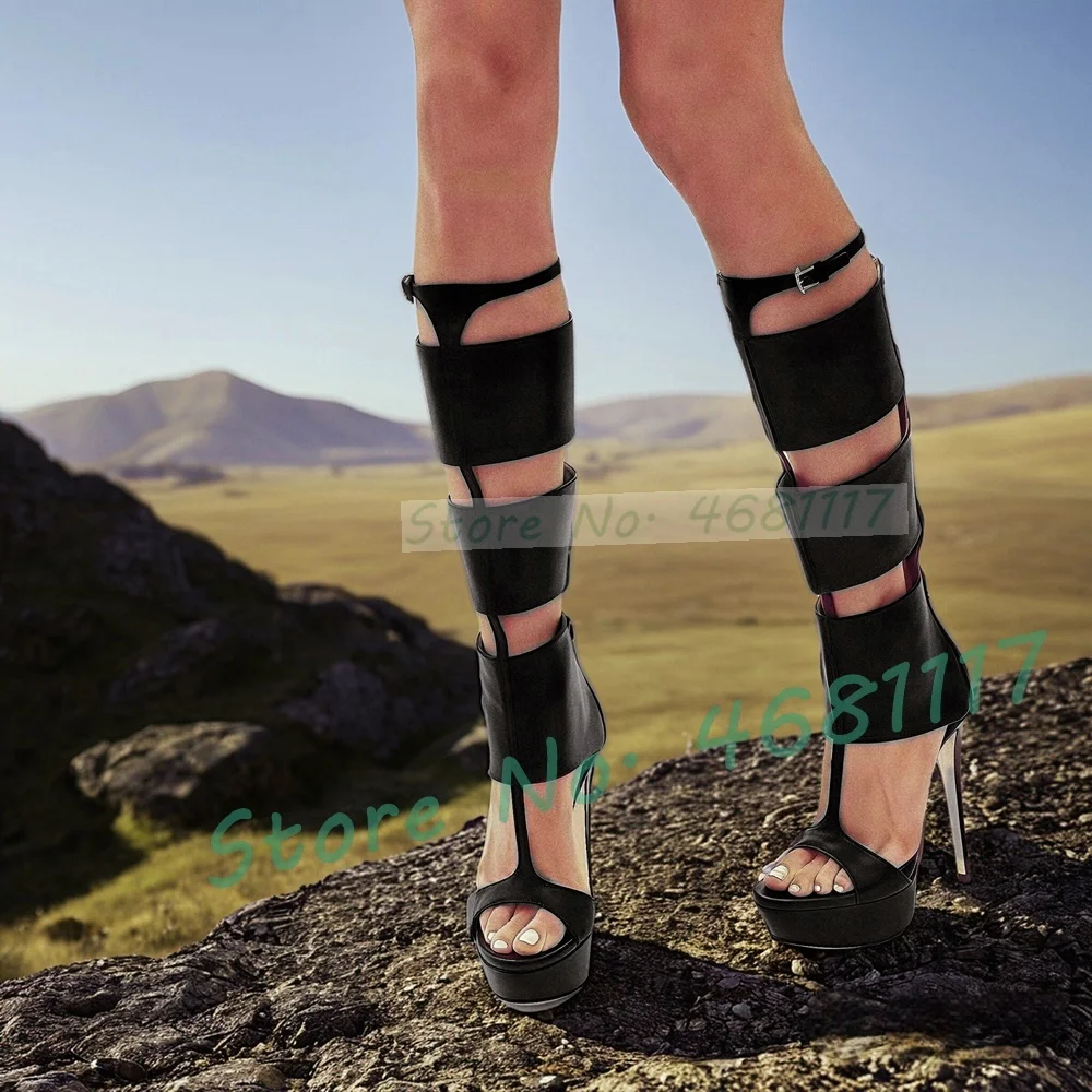 

T-shape Buckle Strap Platform Sandal Boots Sexy Ladies Puttee Stiletto High Heels Caged Shoes Party Nightclub Strappy Sandals