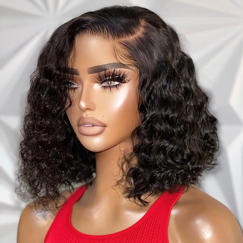 

Short Kinky Curly Bob Frontal Wig Malaysian Glueless Lace Front Human Hair Wigs Wet And Wavy Water Wave Bob Wig 13x4 Frontal Wig
