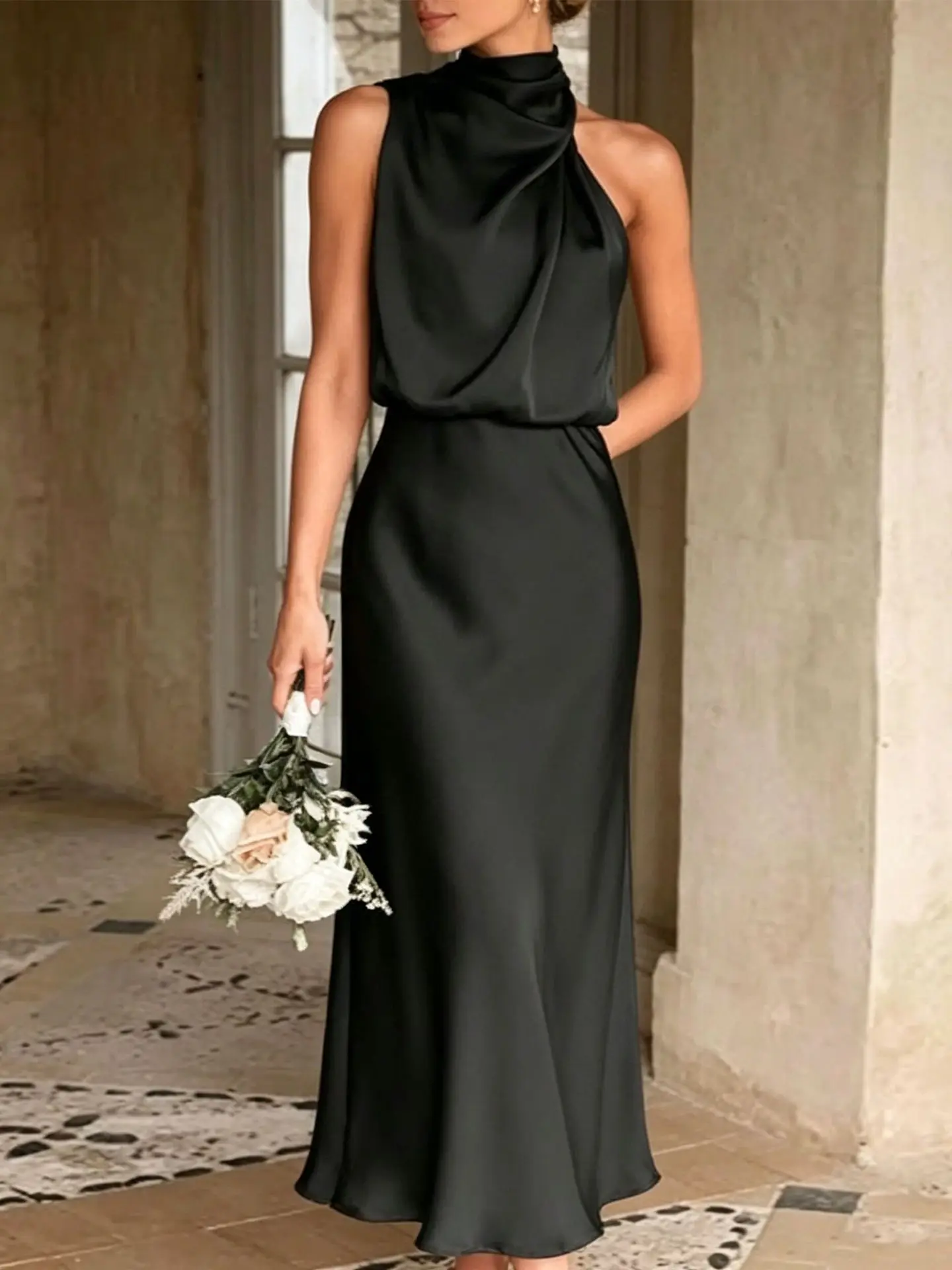 Ladies' Elegant Long Dress Gown, Single-Side Off-Shoulder Gathered Collar Fitted Suit for Women in Summer New Style