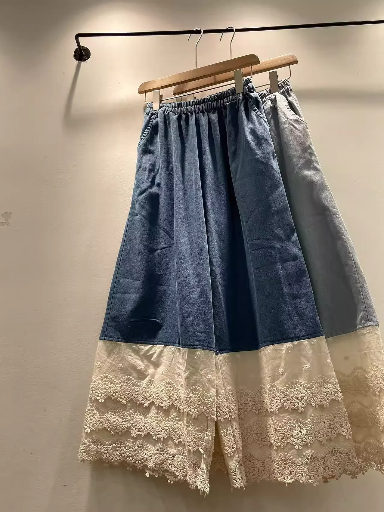 

Morigirl Japanese vintage eyelet lace patchwork jeans for women summer fall sweet y2k elastic waist denim wide leg pants