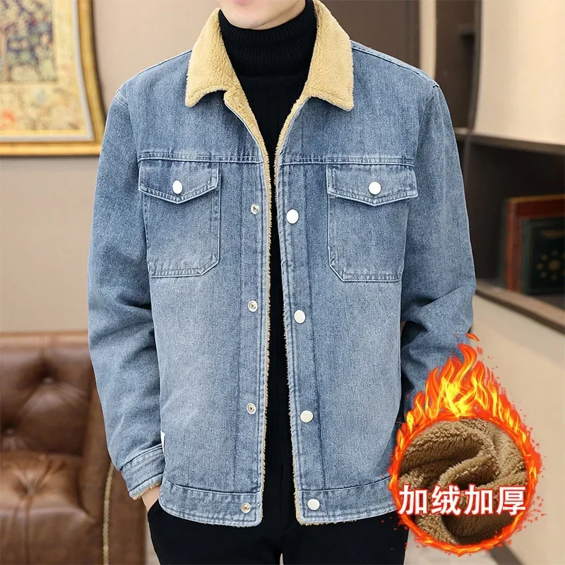 high quality winter denim jacket and coat for men plush lining big size new 2023 causal outerwear clothing - black blue