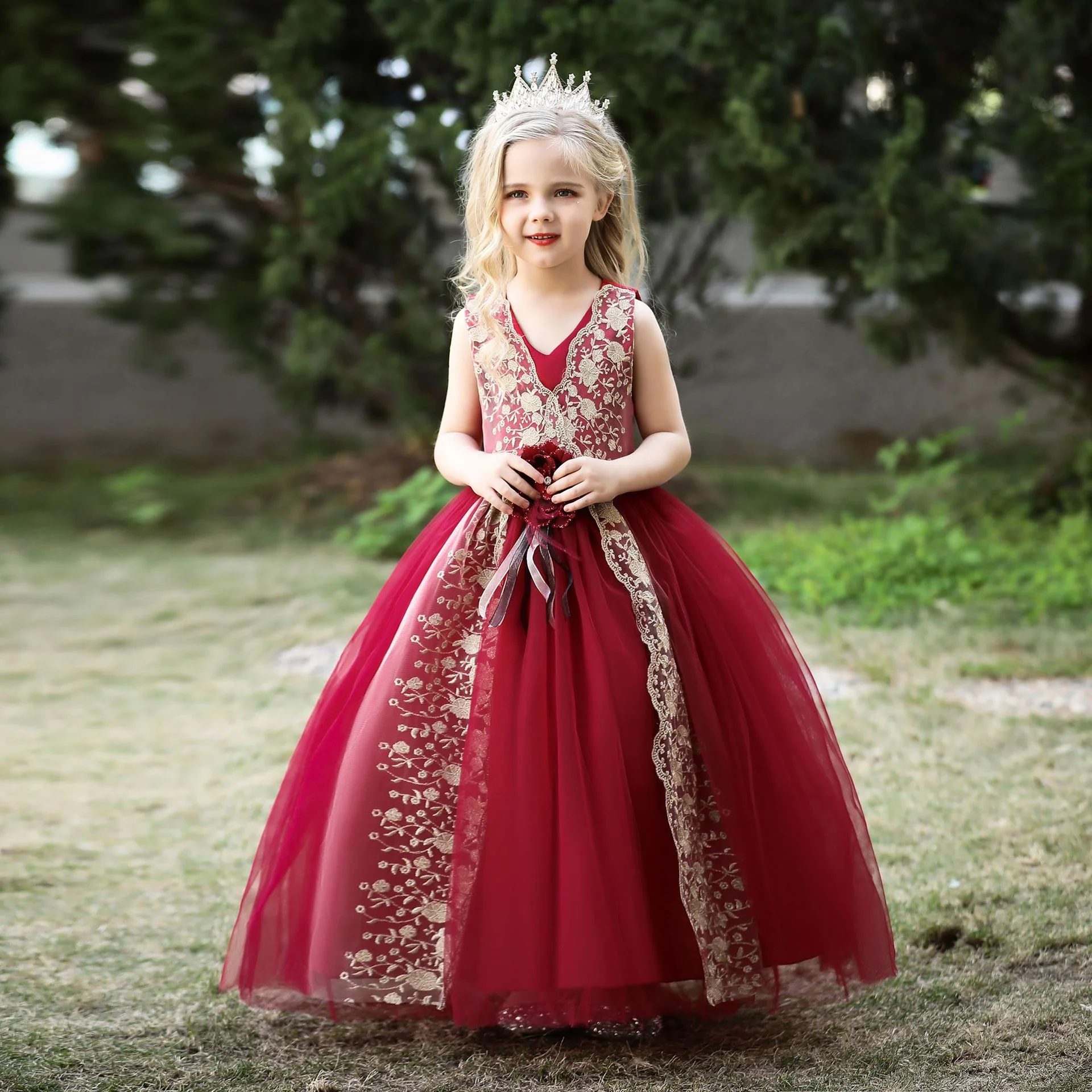 

Burgundy lace girls princess dress, children's beauty pageant dress, flower girl wedding party dress, birthday party dress