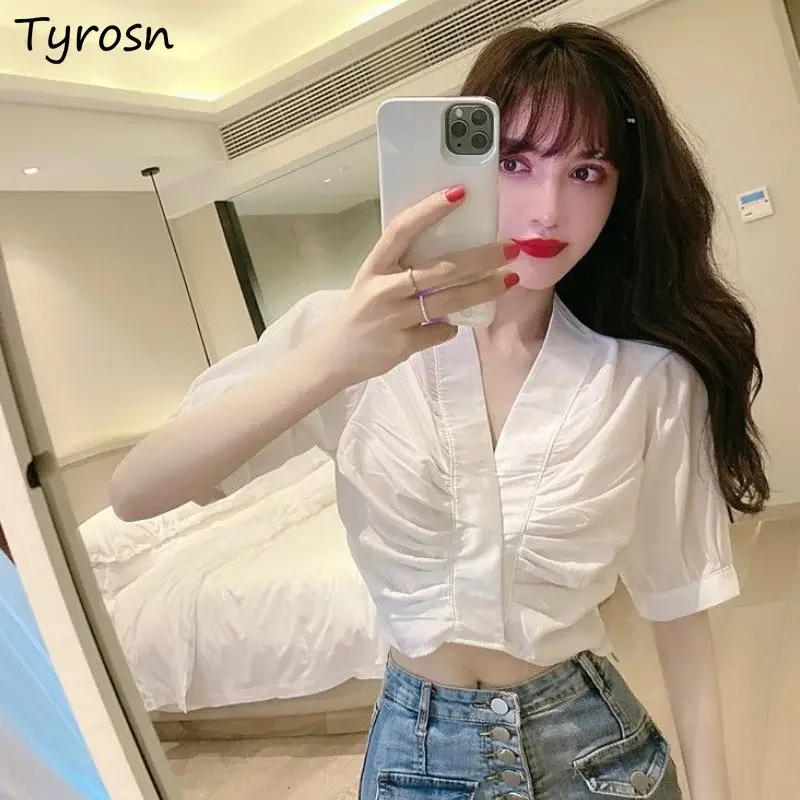 

Женская блузка, милая модная однотонная, простая, универсальная, для отдыха, повседневная, укороченная, нежная, летняя, сексуальная, со складками, в стиле ретро, с пышными рукавами, Ulzzang