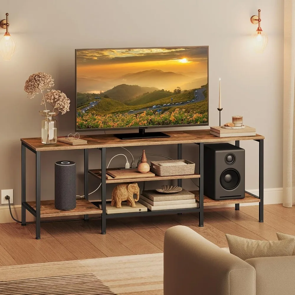 

TV Stand for 65 Inch TVs with Power Outlets Industrial Media Console Table Open Storage Shelves Rustic Brown Black