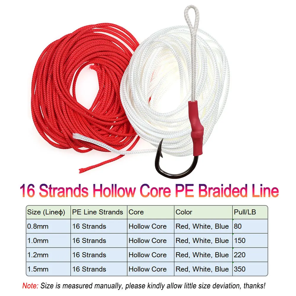 Bimoo 10m/pack 16 Strands PE Braided Fishing Line Super Strong Hollow Core Rope for Jig Assist Hook Rigging Diving Spear Fishing