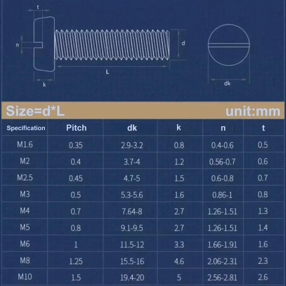 Slot Column Round Cheese Head Screws M1.6 M2 M2.5 M3 M4 M5 M6 M8 M10 CM 304 A2-70 stainless steel Slotted Round Head Screw Bolt