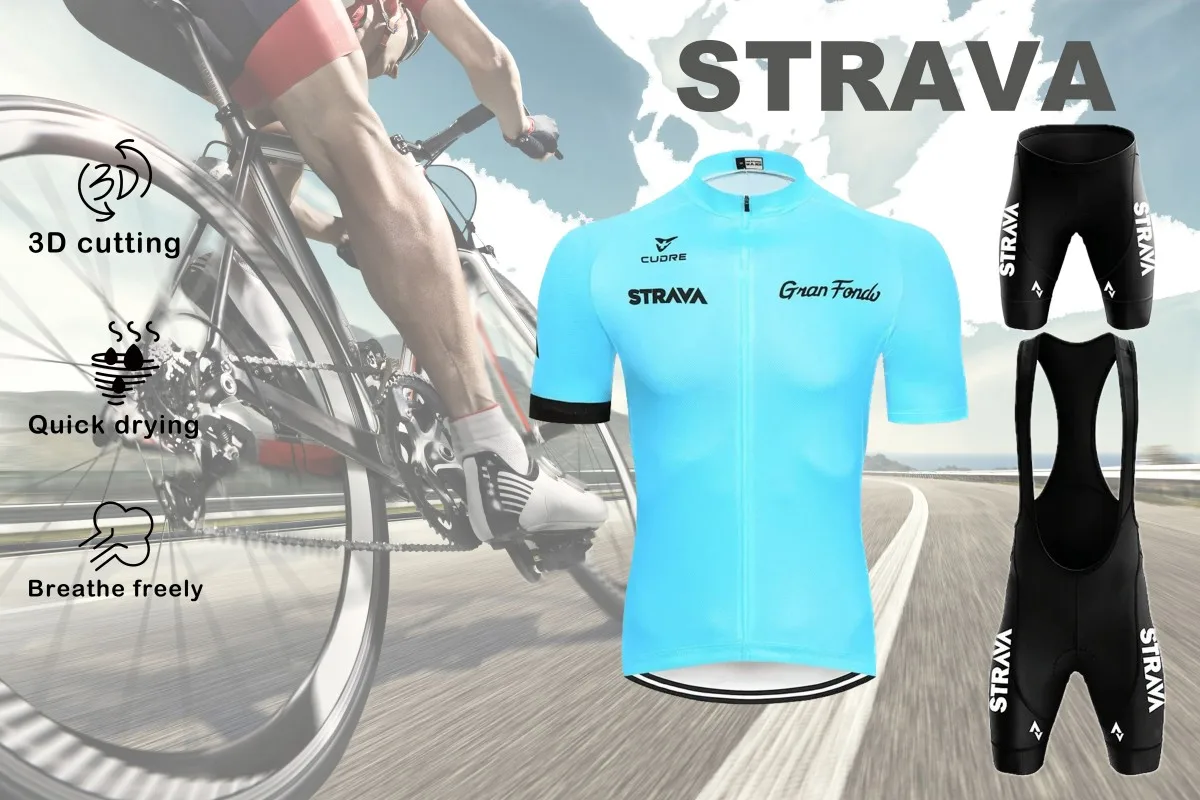 STRAVA Mountain Bike Road Bike Men's Summer Cycling Jacket Short Sleeve Bib Shorts Three-Piece Camping Riding Gear