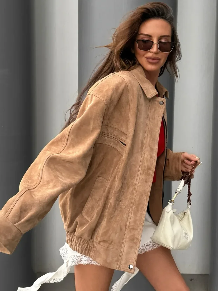 Women Chic Full Sleeve Lapel Jackets Lady Vintage Fashion Pockets Zipper Leather Simple Solid 2026 Street Style Outdoor Tops